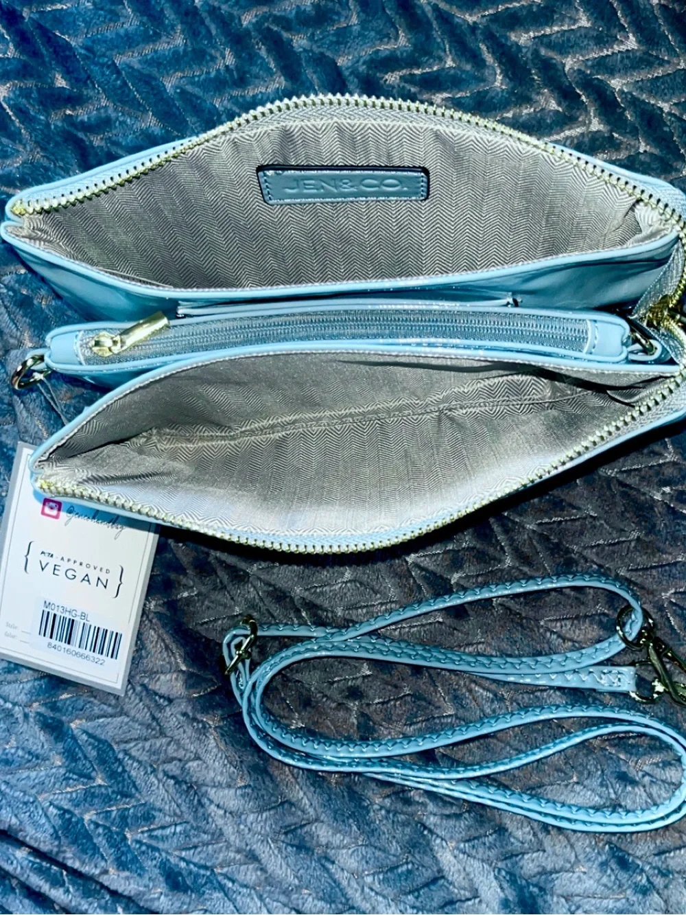 NWT Jen & CO. Vegan Light Blue Braided Adjustable Strap Crossbody Wristlet Bag